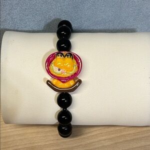 Black glass Beaded Bracelet with Yellow Tiger Charm style Garfield